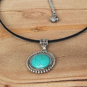 HP🎉 Cord Medallion Necklace Turquoise Charm 1990s Americana Cowboy Westerncore